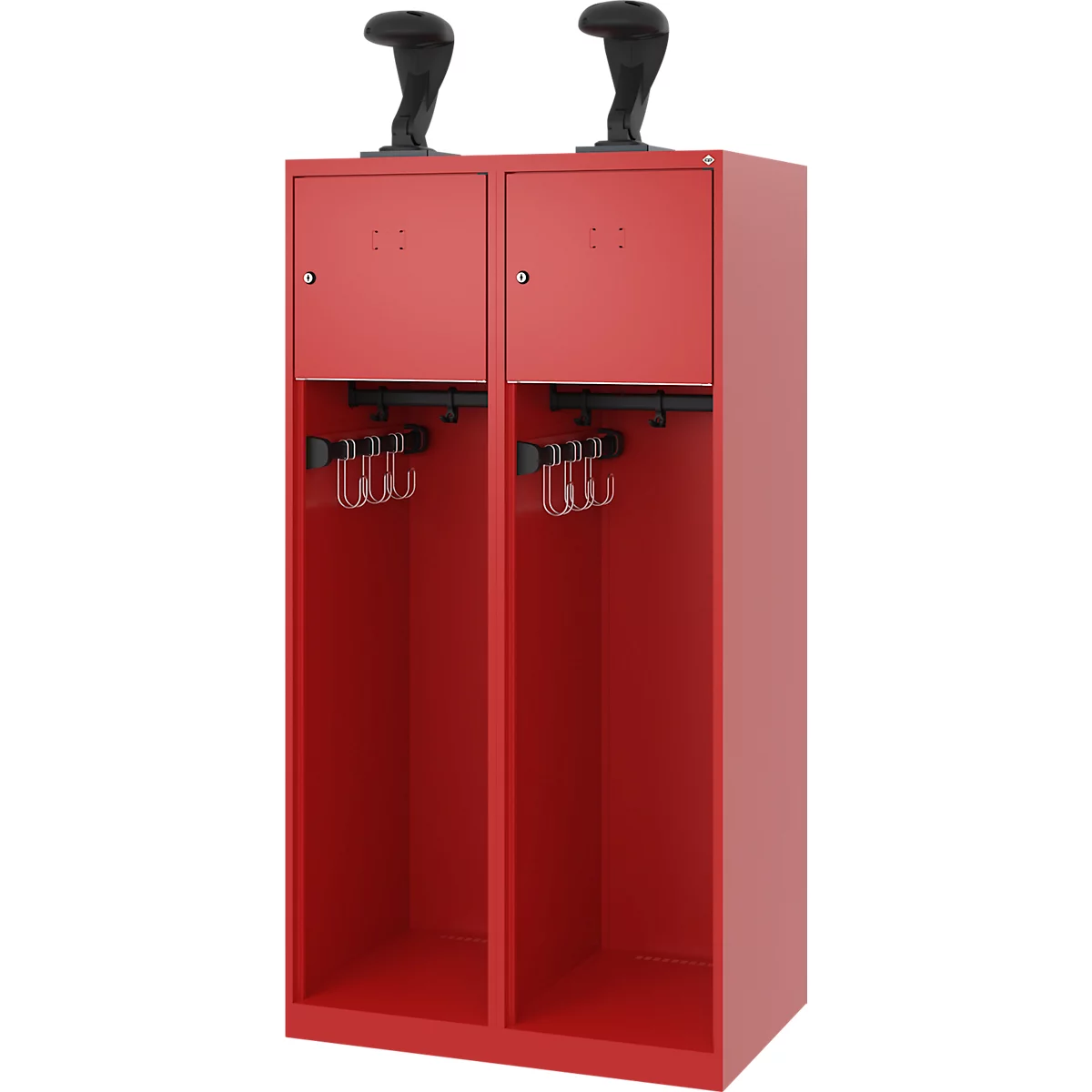 Vestiaire de pompiers C+P Evolo Youngster, 2 compartiments, avec porte-casque, patins de sol, L 800 x P 500 x H 1530 mm, RAL 3000 rouge feu