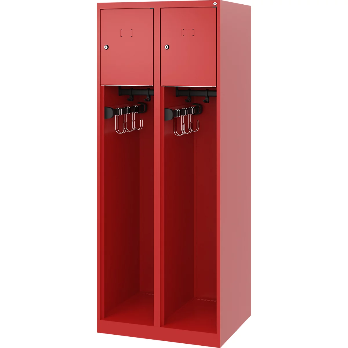 Vestiaire de pompiers C+P Evolo Youngster, 2 compartiments, sans porte-casque, patins de sol, L 600 x P 500 x H 1530 mm, RAL 3000 rouge feu
