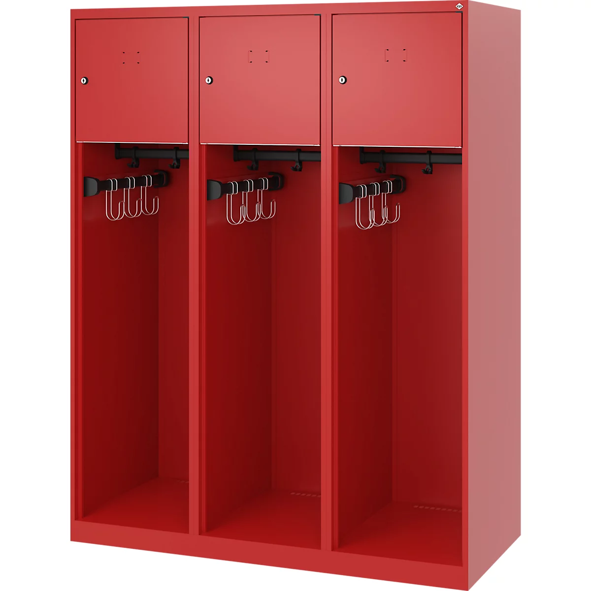 Vestiaire de pompiers C+P Evolo Youngster, 3 compartiments, sans porte-casque, patins au sol, L 1200 x P 500 x H 1530 mm, RAL 3000 rouge feu