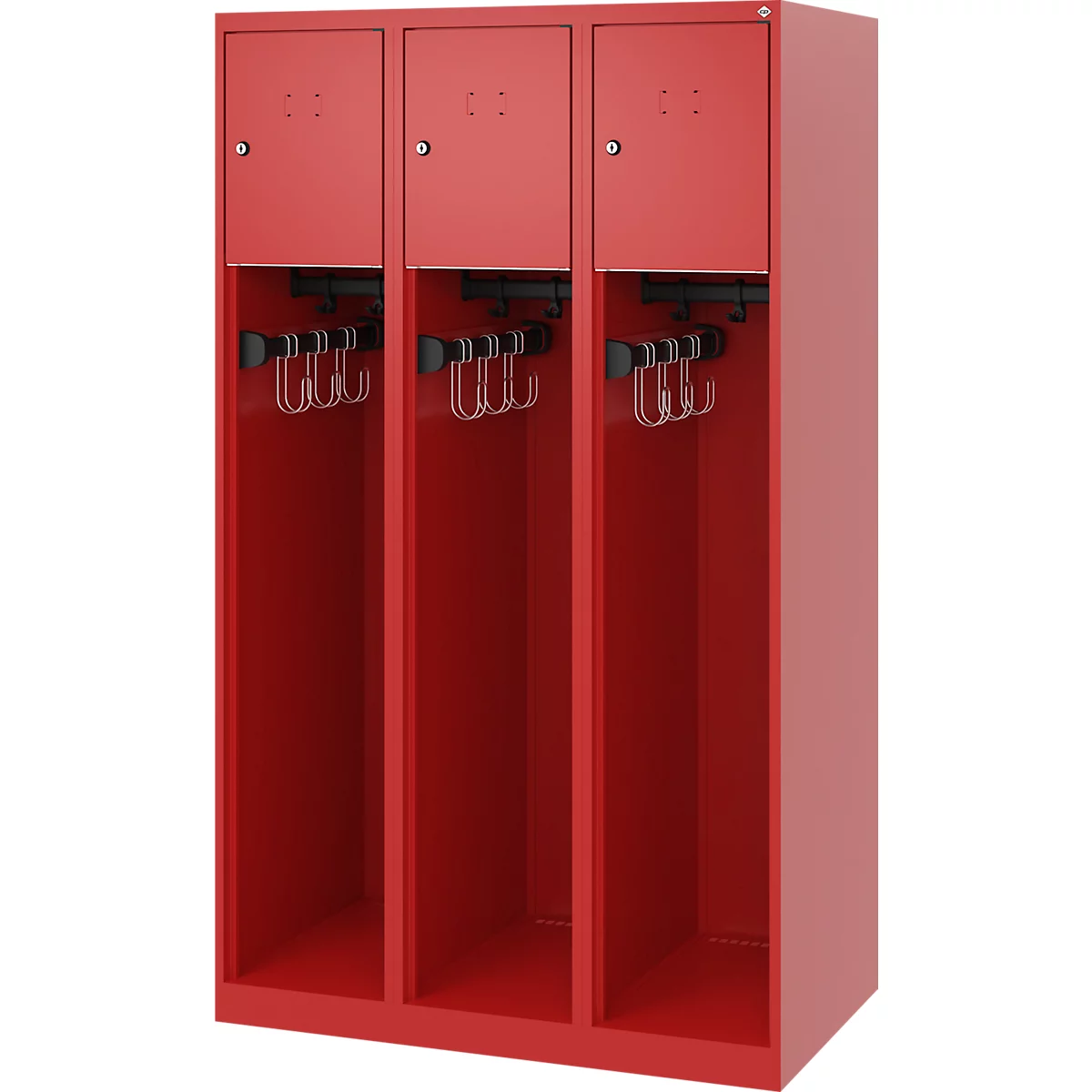 Vestiaire de pompiers C+P Evolo Youngster, 3 compartiments, sans porte-casque, patins de sol, L 900 x P 500 x H 1530 mm, RAL 3000 rouge feu