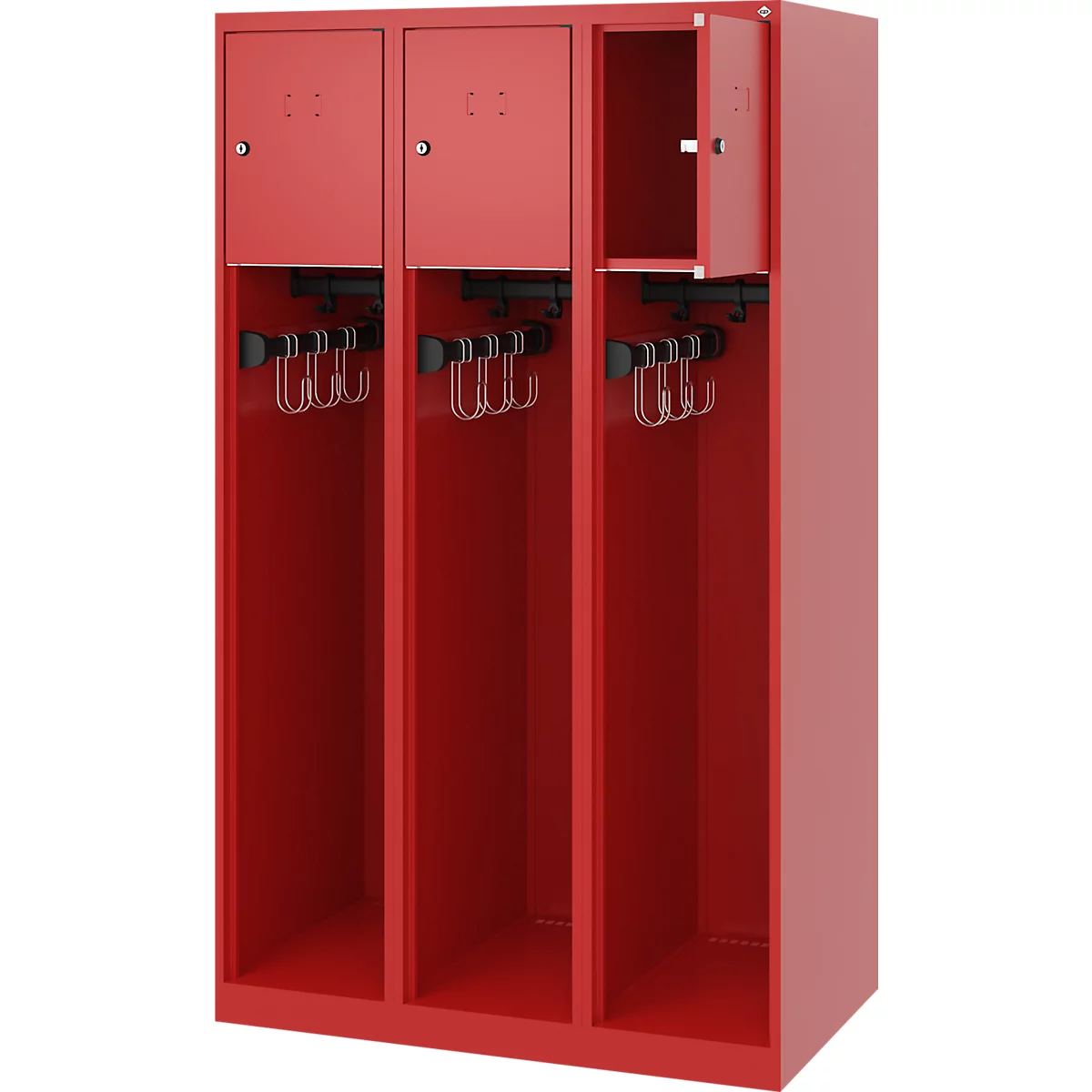 Vestiaire de pompiers C+P Evolo Youngster, 3 compartiments, sans porte-casque, patins de sol, L 900 x P 500 x H 1530 mm, RAL 3000 rouge feu