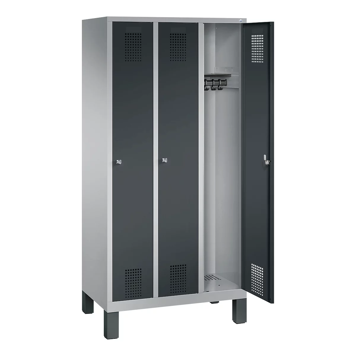 Vestiaire Evolo S 3000, acier, 3 compartiments, serrure à cylindre, alu blanc RAL 9006/anthracite RAL 7016
