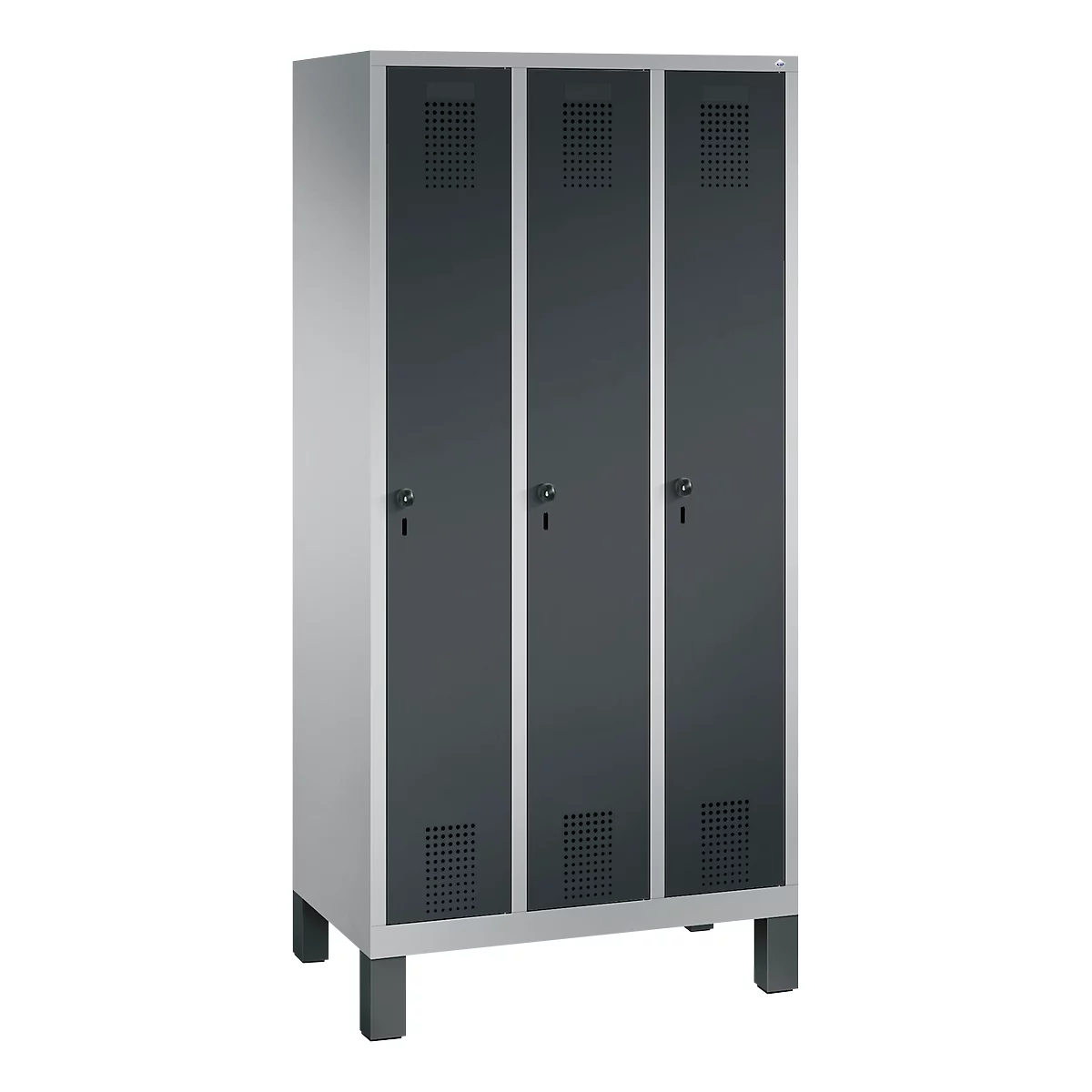 Vestiaire Evolo S 3000, acier, 3 compartiments, serrure de sécurité à came batteuse, alu blanc RAL 9006/anthracite RAL 7016