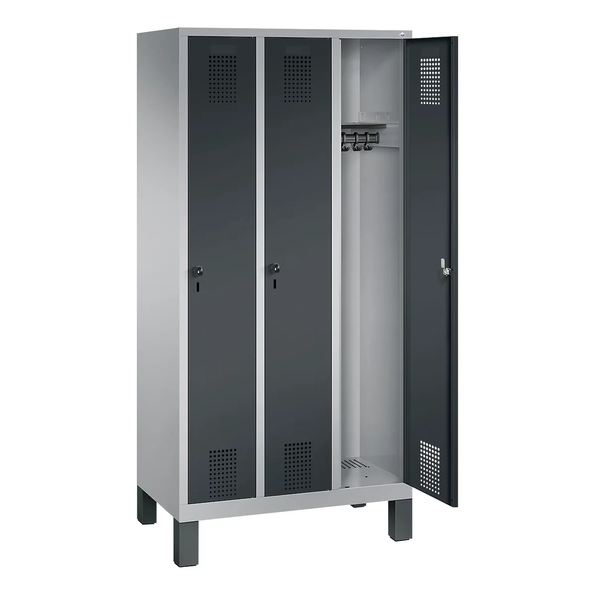 Vestiaire Evolo S 3000, acier, 3 compartiments, serrure de sécurité à came batteuse, alu blanc RAL 9006/anthracite RAL 7016