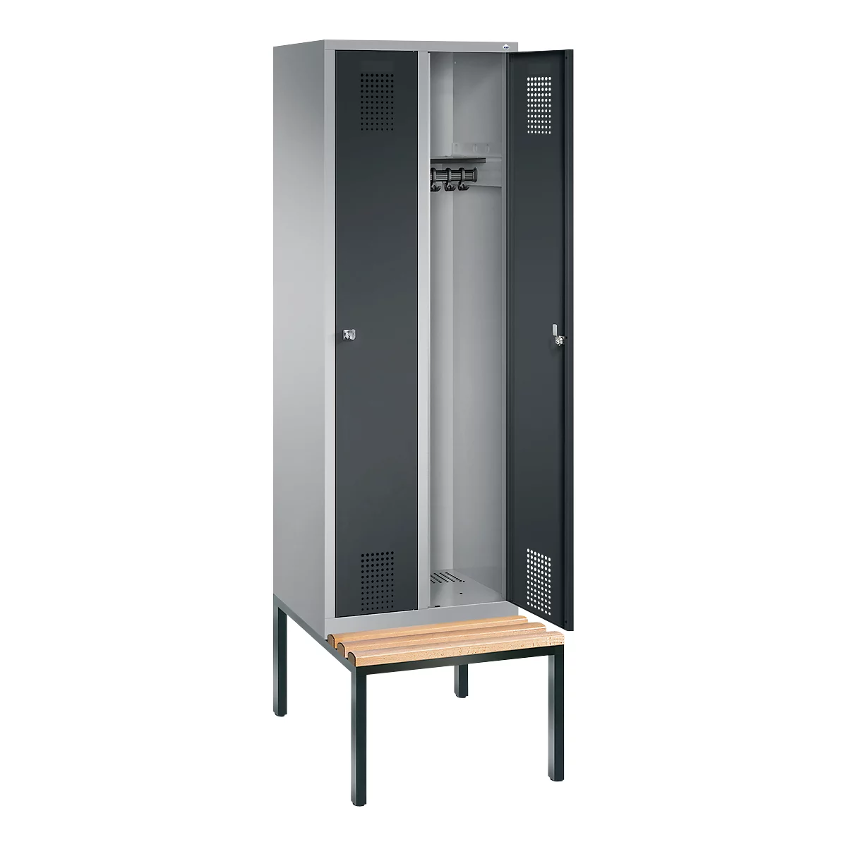 Vestiaire Evolo S 3000, acier, avec banc intégré, 2 compartiments, l. 300 mm chacun, serrure à cylindre, alu blanc RAL 9006/anthracite RAL 7016