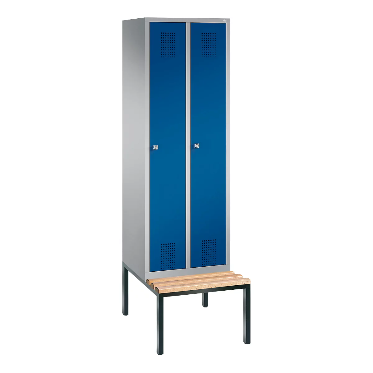 Vestiaire Evolo S 3000, acier, avec banc intégré, 2 compartiments, l. 300 mm chacun, serrure à cylindre, alu blanc RAL 9006/bleu gentiane RAL 5010