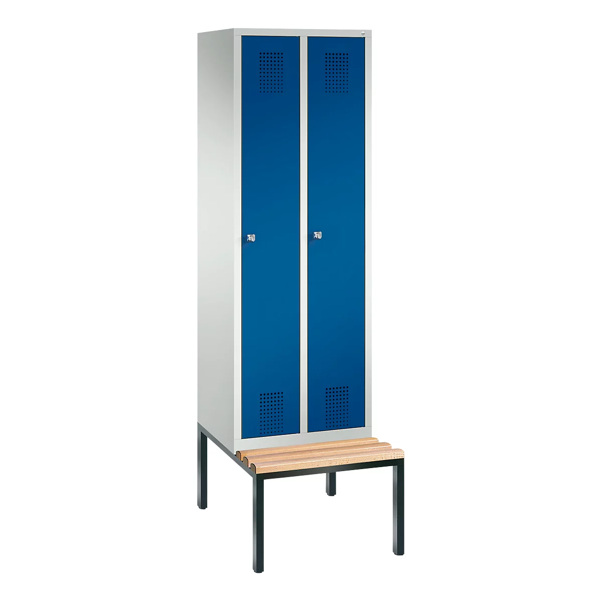 Vestiaire Evolo S 3000, acier, avec banc intégré, 2 compartiments, l. 300 mm chacun, serrure à cylindre, gris clair RAL 7035/bleu gentiane RAL 5010