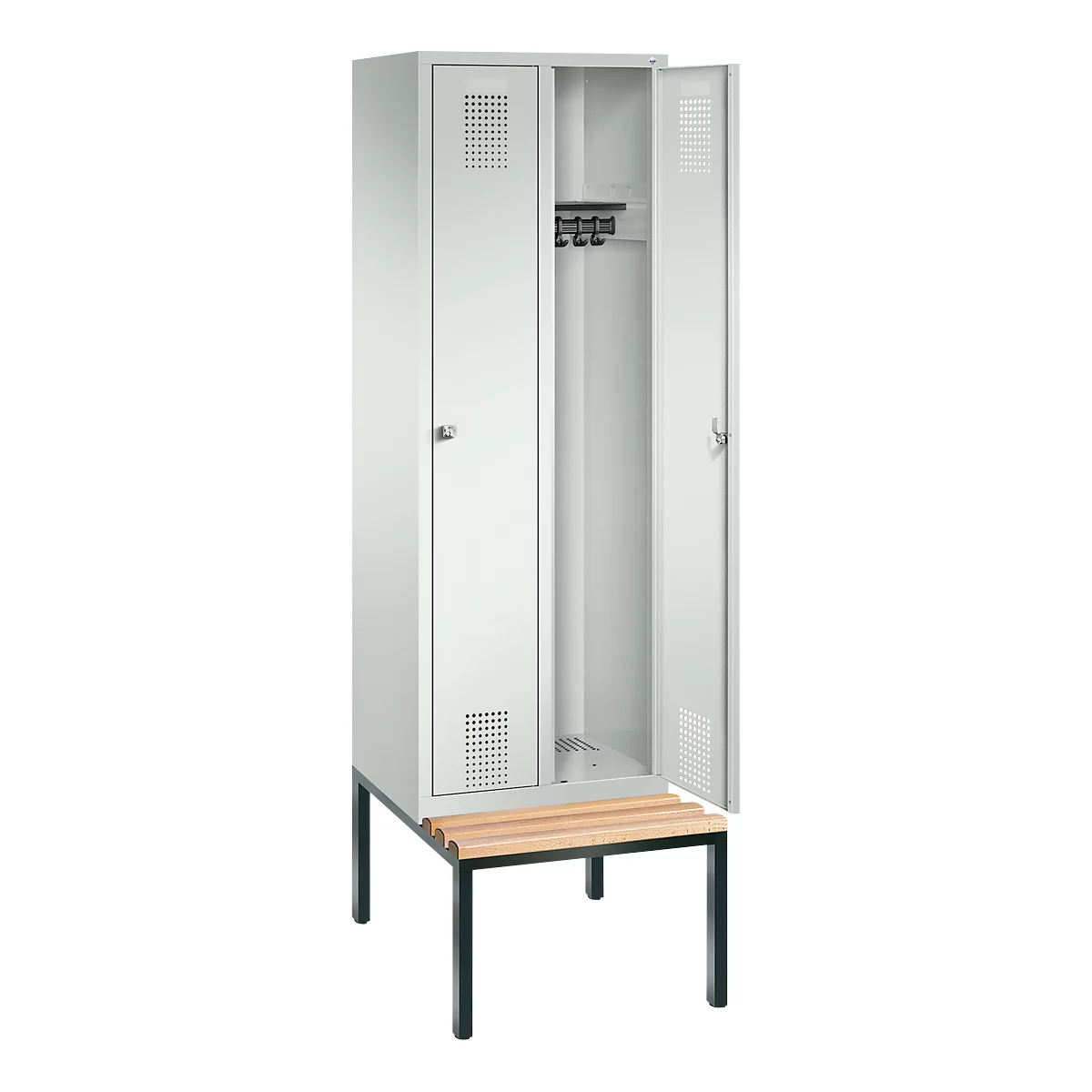 Vestiaire Evolo S 3000, acier, avec banc intégré, 2 compartiments, l. 300 mm chacun, serrure à cylindre, gris clair RAL 7035/gris clair RAL 7035