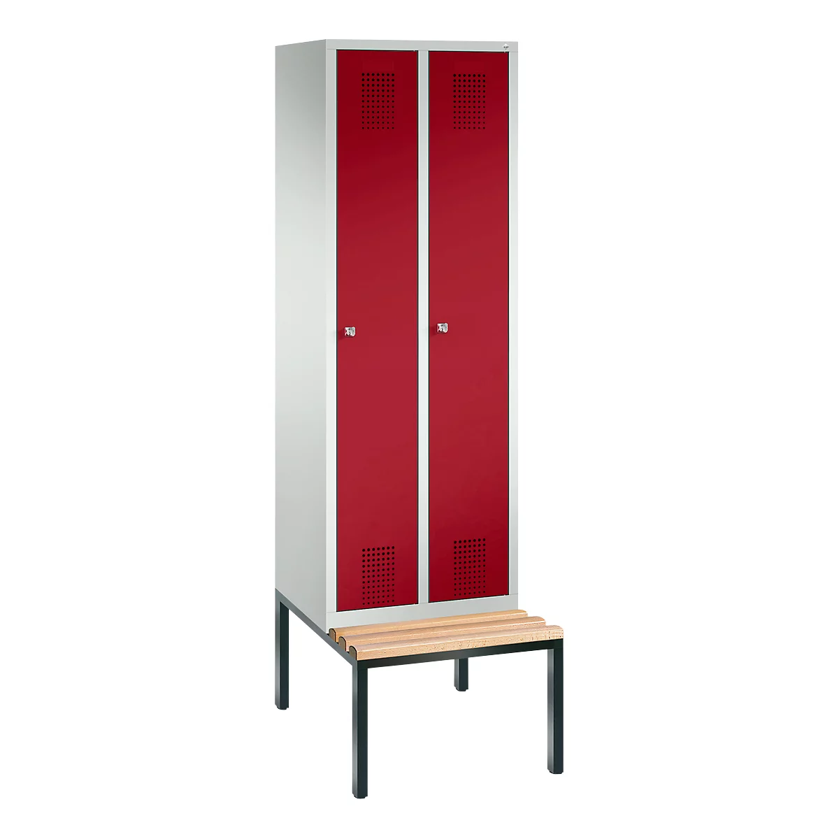 Vestiaire Evolo S 3000, acier, avec banc intégré, 2 compartiments, l. 300 mm chacun, serrure à cylindre, gris clair RAL 7035/rouge rubis RAL 3003