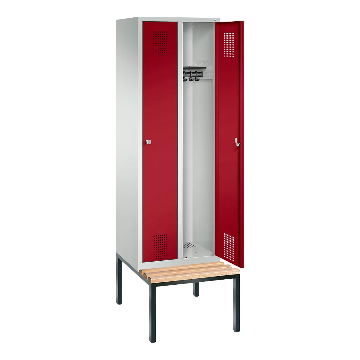 Vestiaire Evolo S 3000, acier, avec banc intégré, 2 compartiments, l. 300 mm chacun, serrure à cylindre, gris clair RAL 7035/rouge rubis RAL 3003