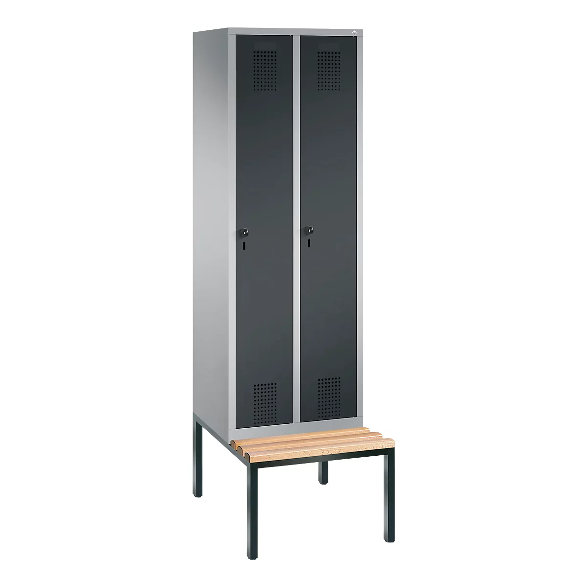 Vestiaire Evolo S 3000, acier, avec banc intégré, 2 compartiments, l. 300 mm chacun, serrure de sécurité à came batteuse, alu blanc RAL 9006/anthracite RAL 7016