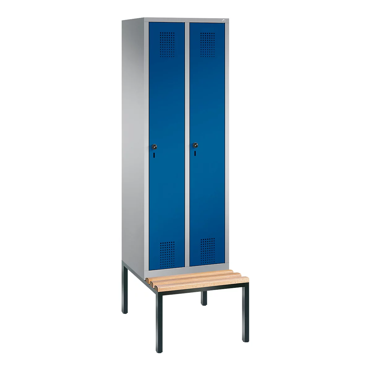 Vestiaire Evolo S 3000, acier, avec banc intégré, 2 compartiments, l. 300 mm chacun, serrure de sécurité à came batteuse, alu blanc RAL 9006/bleu gentiane RAL 5010