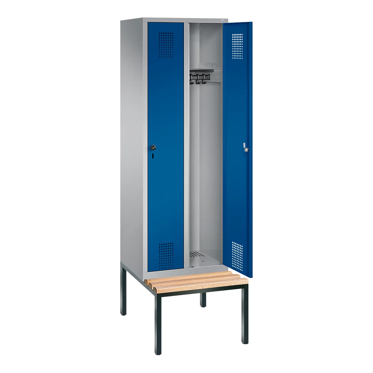Vestiaire Evolo S 3000, acier, avec banc intégré, 2 compartiments, l. 300 mm chacun, serrure de sécurité à came batteuse, alu blanc RAL 9006/bleu gentiane RAL 5010