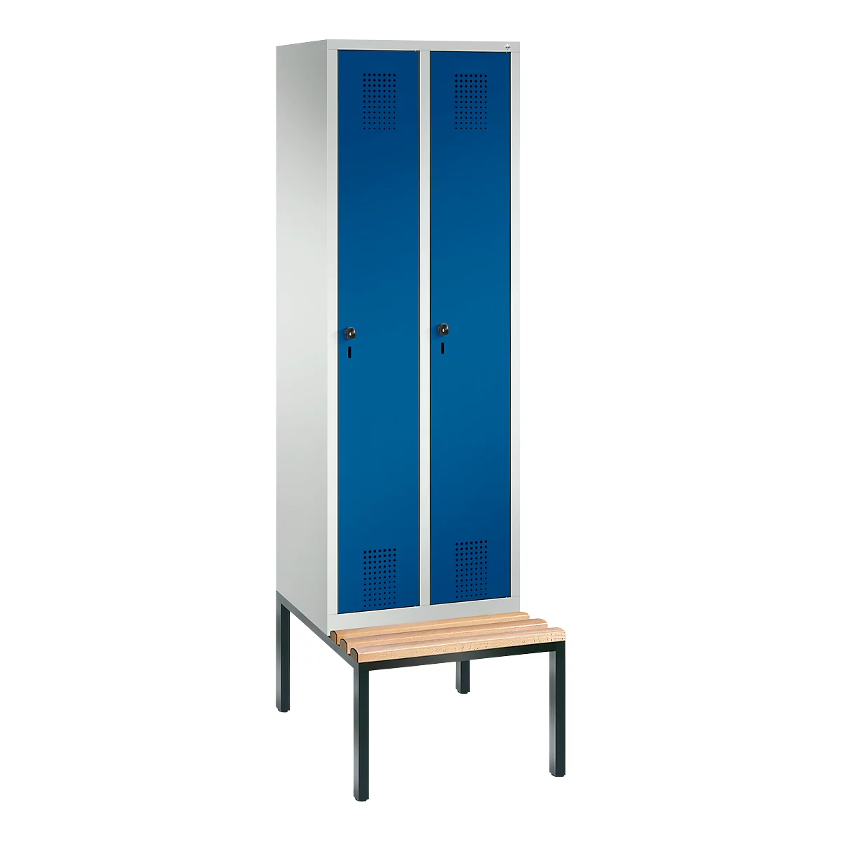 Vestiaire Evolo S 3000, acier, avec banc intégré, 2 compartiments, l. 300 mm chacun, serrure de sécurité à came batteuse, gris clair RAL 7035/bleu gentiane RAL 5010