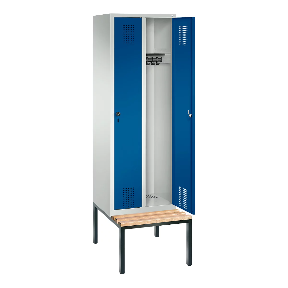 Vestiaire Evolo S 3000, acier, avec banc intégré, 2 compartiments, l. 300 mm chacun, serrure de sécurité à came batteuse, gris clair RAL 7035/bleu gentiane RAL 5010