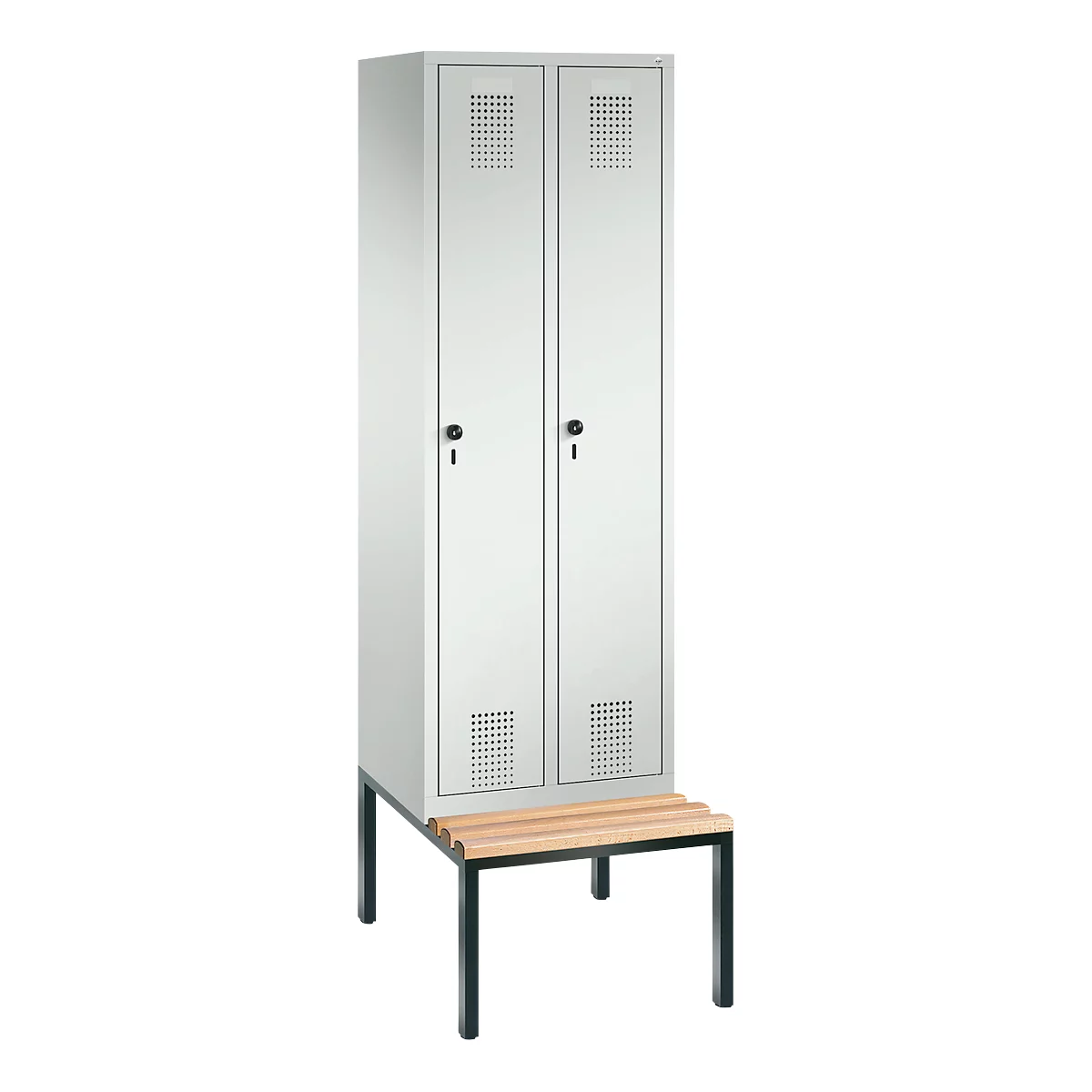 Vestiaire Evolo S 3000, acier, avec banc intégré, 2 compartiments, l. 300 mm chacun, serrure de sécurité à came batteuse, gris clair RAL 7035/gris clair RAL 7035