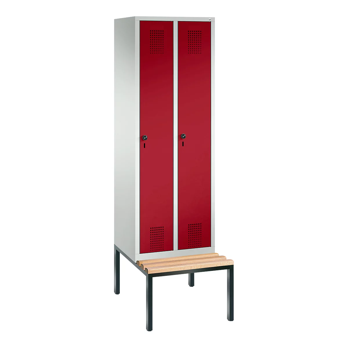 Vestiaire Evolo S 3000, acier, avec banc intégré, 2 compartiments, l. 300 mm chacun, serrure de sécurité à came batteuse, gris clair RAL 7035/rouge rubis RAL 3003