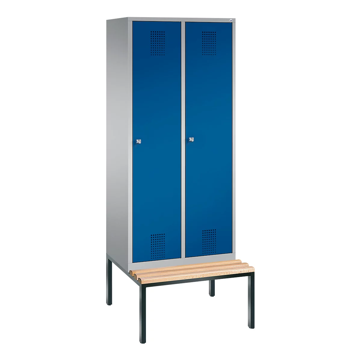 Vestiaire Evolo S 3000, acier, avec banc intégré, 2 compartiments, l. 400 mm chacun, serrure à cylindre, alu blanc RAL 9006/bleu gentiane RAL 5010