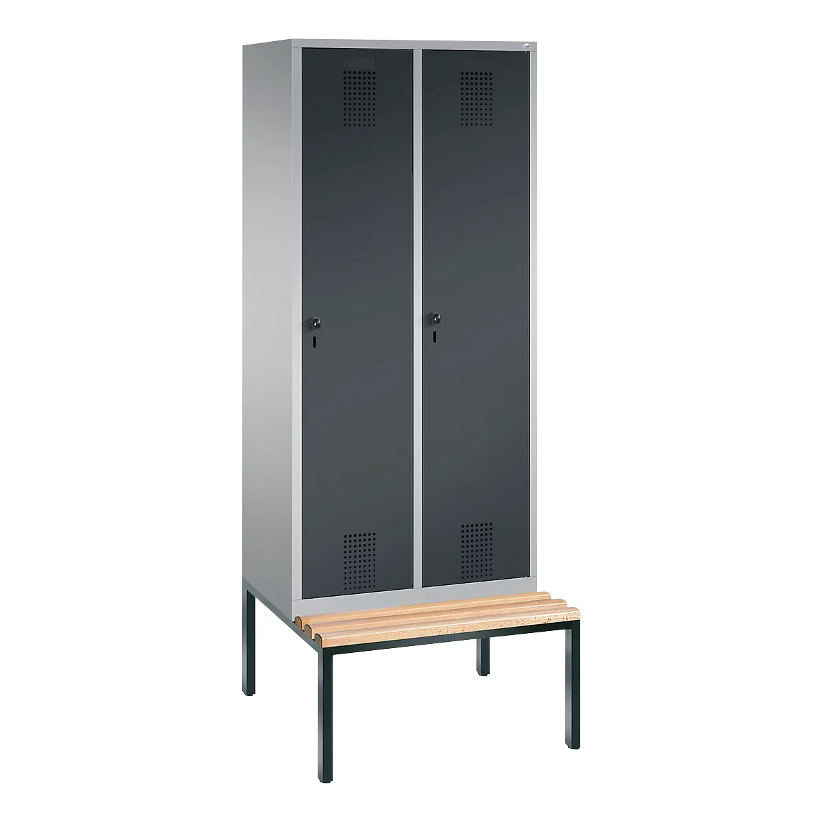Vestiaire Evolo S 3000, acier, avec banc intégré, 2 compartiments, l. 400 mm chacun, serrure de sécurité à came batteuse, alu blanc RAL 9006/anthracite RAL 7016