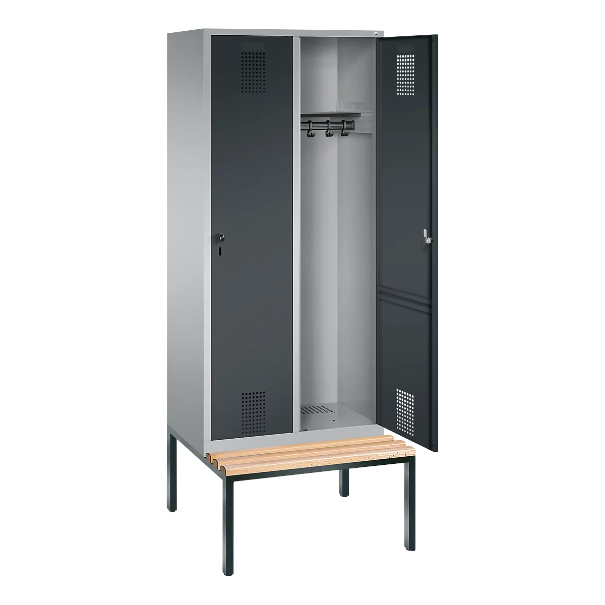 Vestiaire Evolo S 3000, acier, avec banc intégré, 2 compartiments, l. 400 mm chacun, serrure de sécurité à came batteuse, alu blanc RAL 9006/anthracite RAL 7016