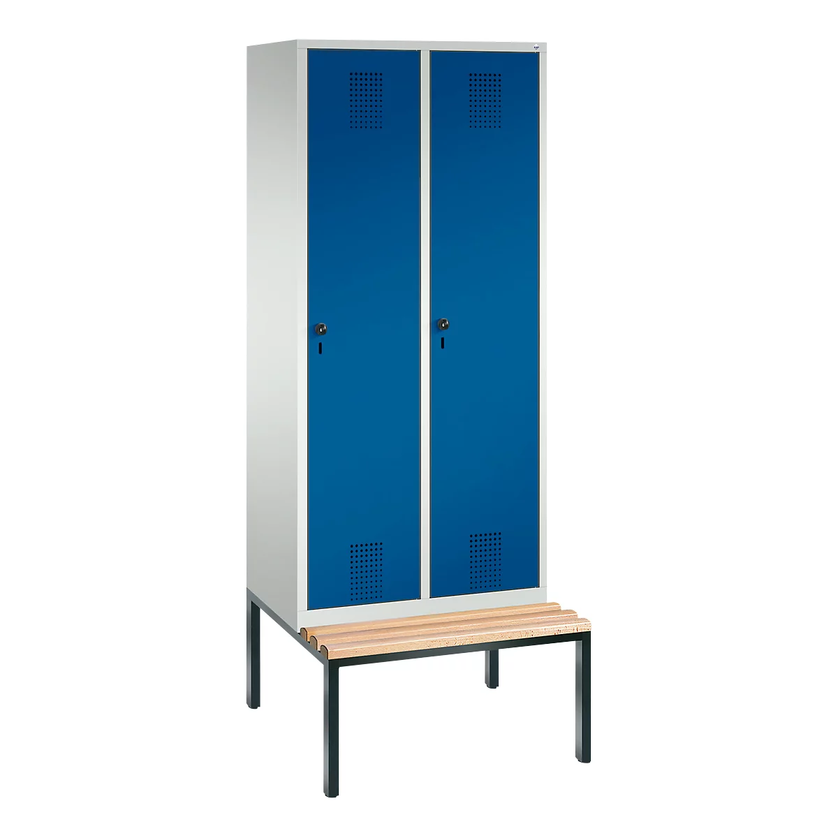 Vestiaire Evolo S 3000, acier, avec banc intégré, 2 compartiments, l. 400 mm chacun, serrure de sécurité à came batteuse, gris clair RAL 7035/bleu gentiane RAL 5010