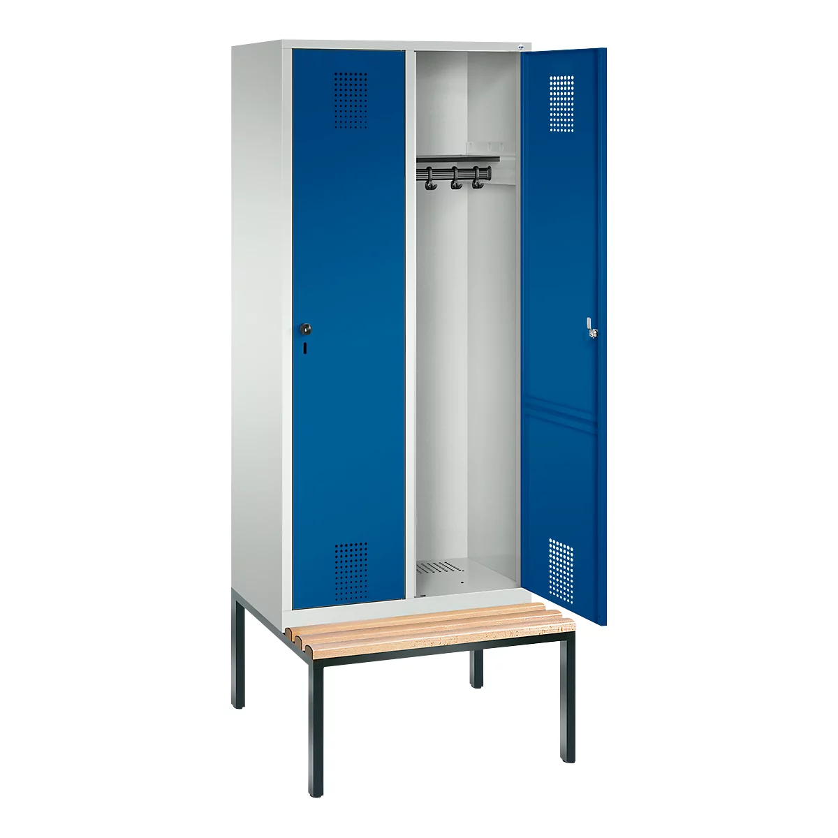 Vestiaire Evolo S 3000, acier, avec banc intégré, 2 compartiments, l. 400 mm chacun, serrure de sécurité à came batteuse, gris clair RAL 7035/bleu gentiane RAL 5010