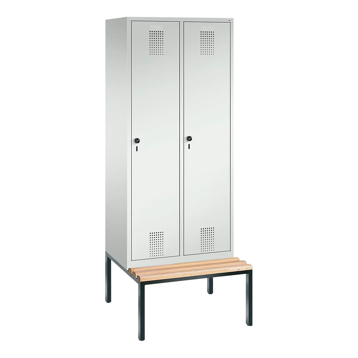 Vestiaire Evolo S 3000, acier, avec banc intégré, 2 compartiments, l. 400 mm chacun, serrure de sécurité à came batteuse, gris clair RAL 7035/gris clair RAL 7035
