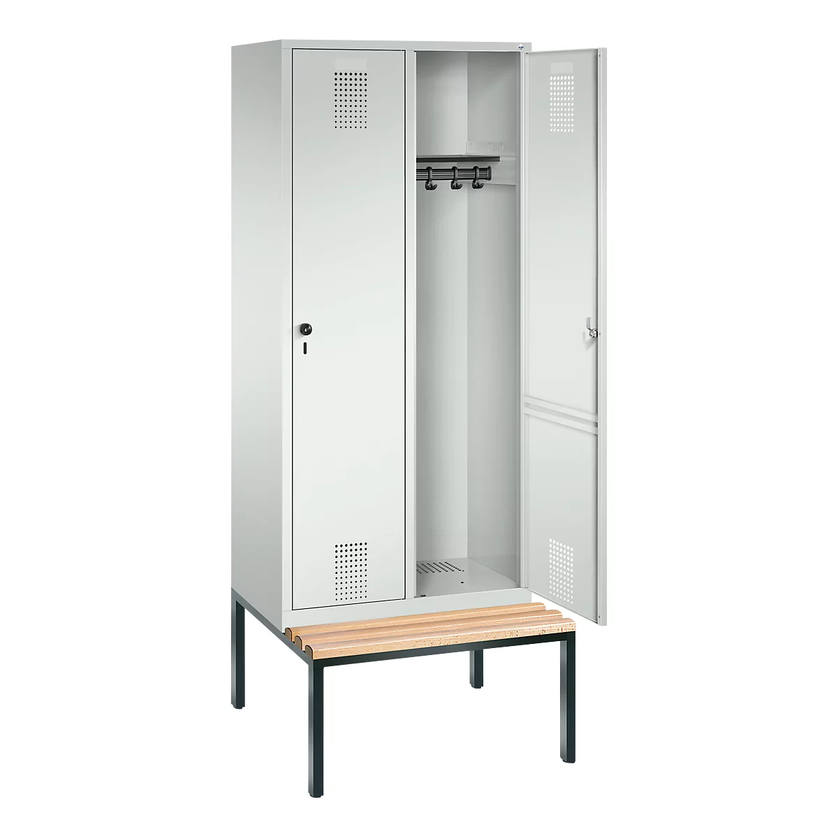 Vestiaire Evolo S 3000, acier, avec banc intégré, 2 compartiments, l. 400 mm chacun, serrure de sécurité à came batteuse, gris clair RAL 7035/gris clair RAL 7035