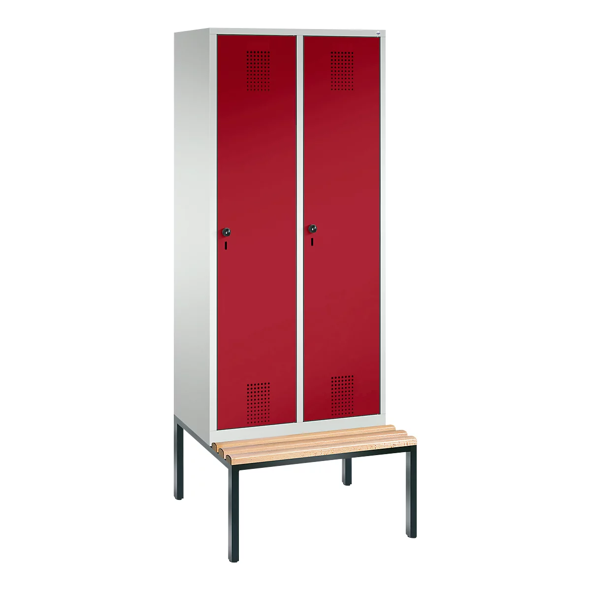 Vestiaire Evolo S 3000, acier, avec banc intégré, 2 compartiments, l. 400 mm chacun, serrure de sécurité à came batteuse, gris clair RAL 7035/rouge rubis RAL 3003