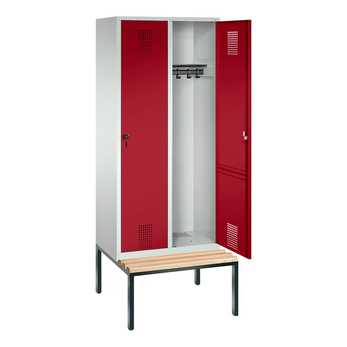 Vestiaire Evolo S 3000, acier, avec banc intégré, 2 compartiments, l. 400 mm chacun, serrure de sécurité à came batteuse, gris clair RAL 7035/rouge rubis RAL 3003