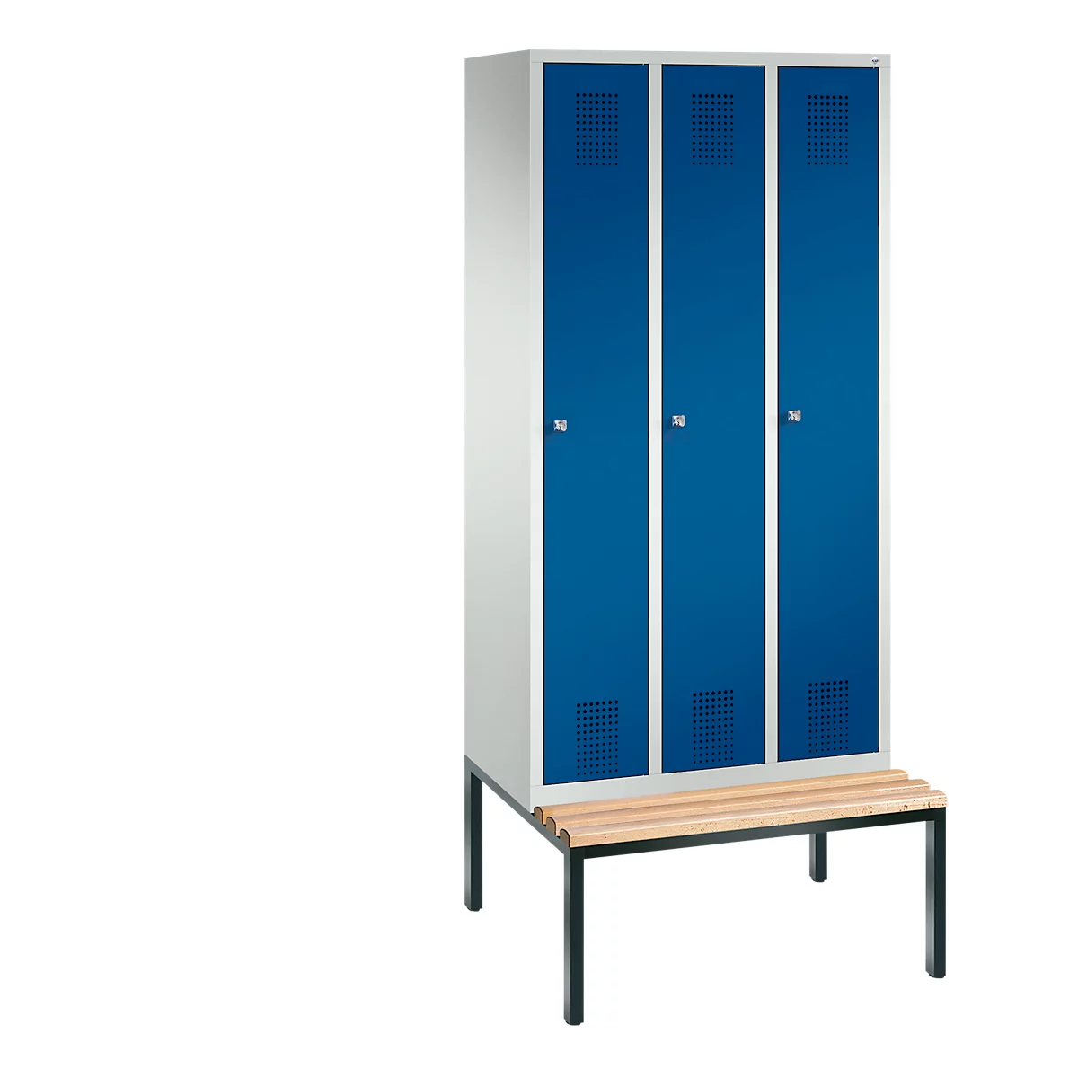 Vestiaire Evolo S 3000, acier, avec banc intégré, 3 compartiments, l. 300 mm chacun, serrure à cylindre, gris clair RAL 7035/bleu gentiane RAL 5010