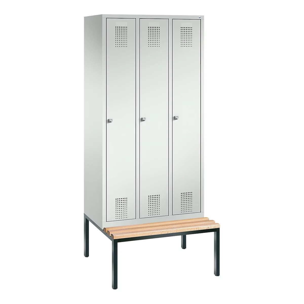 Vestiaire Evolo S 3000, acier, avec banc intégré, 3 compartiments, l. 300 mm chacun, serrure à cylindre, gris clair RAL 7035/gris clair RAL 7035