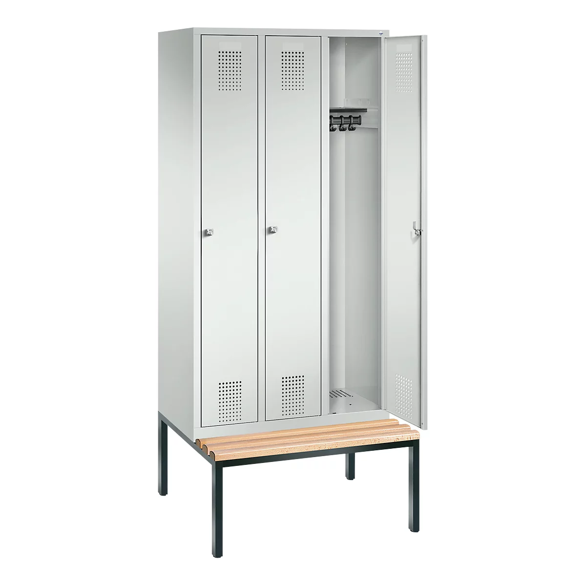Vestiaire Evolo S 3000, acier, avec banc intégré, 3 compartiments, l. 300 mm chacun, serrure à cylindre, gris clair RAL 7035/gris clair RAL 7035