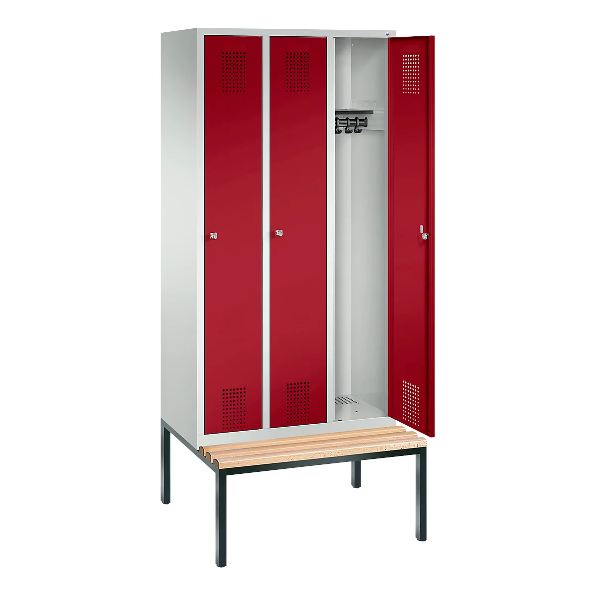 Vestiaire Evolo S 3000, acier, avec banc intégré, 3 compartiments, l. 300 mm chacun, serrure à cylindre, gris clair RAL 7035/rouge rubis RAL 3003