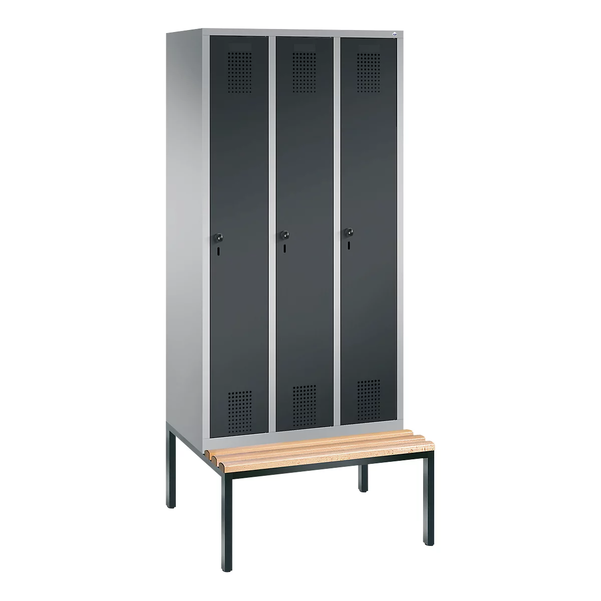 Vestiaire Evolo S 3000, acier, avec banc intégré, 3 compartiments, l. 300 mm chacun, serrure de sécurité à came batteuse, alu blanc RAL 9006/anthracite RAL 7016