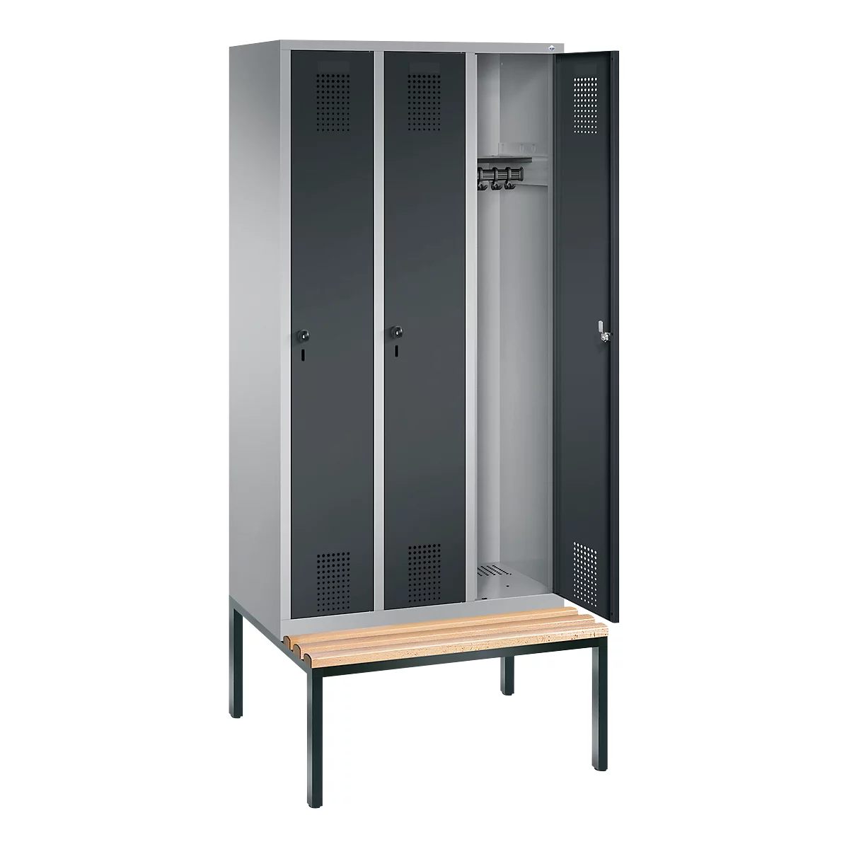 Vestiaire Evolo S 3000, acier, avec banc intégré, 3 compartiments, l. 300 mm chacun, serrure de sécurité à came batteuse, alu blanc RAL 9006/anthracite RAL 7016