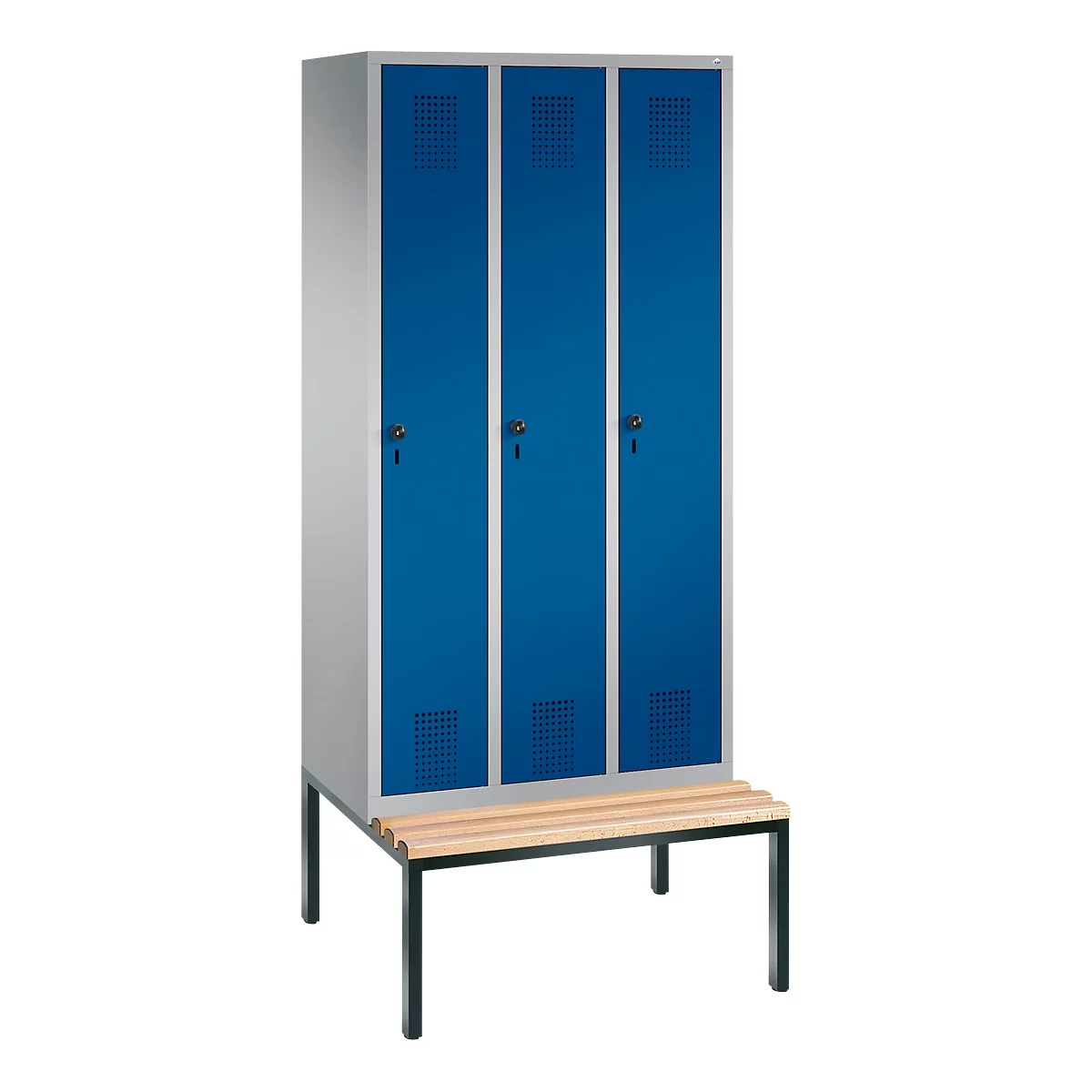 Vestiaire Evolo S 3000, acier, avec banc intégré, 3 compartiments, l. 300 mm chacun, serrure de sécurité à came batteuse, alu blanc RAL 9006/bleu gentiane RAL 5010