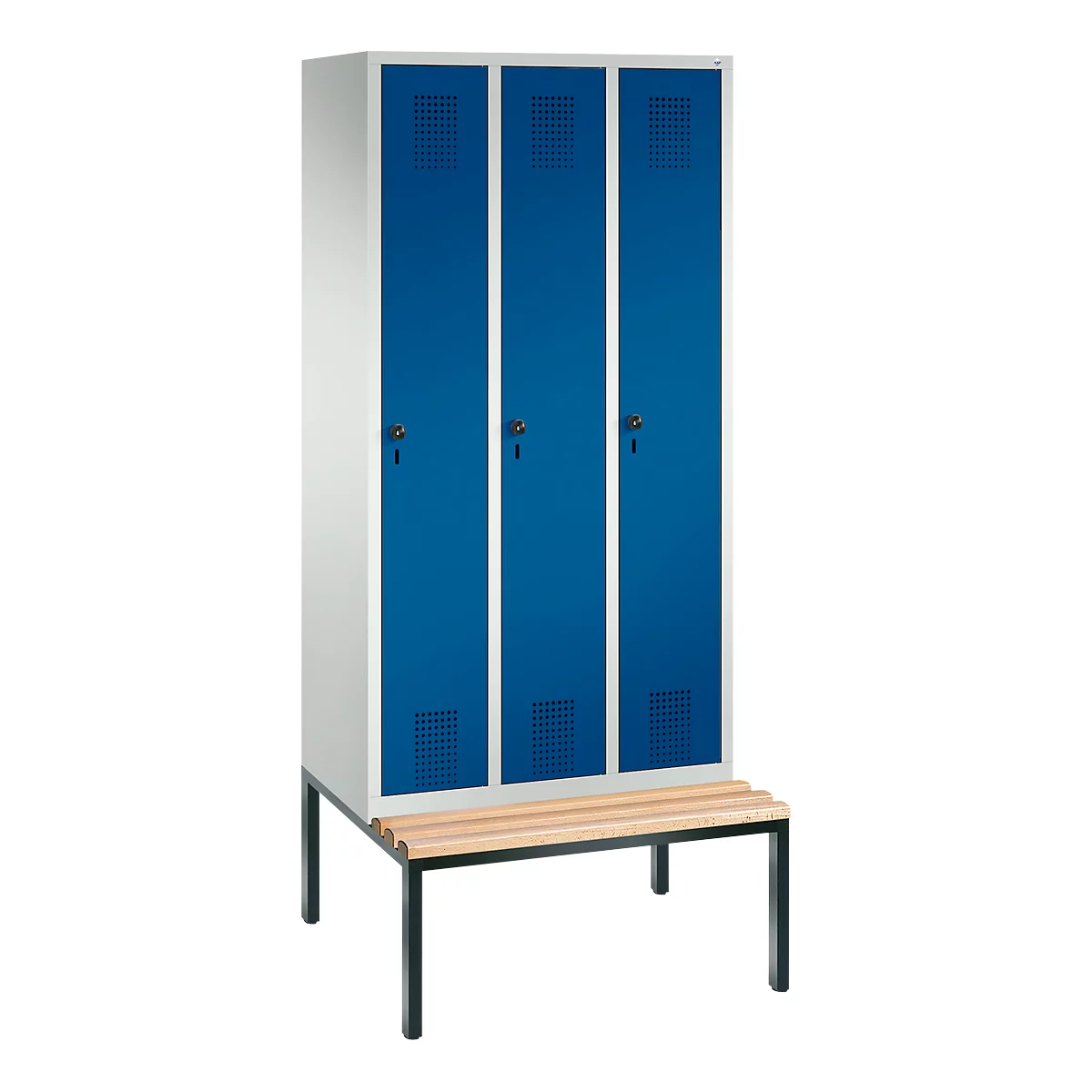 Vestiaire Evolo S 3000, acier, avec banc intégré, 3 compartiments, l. 300 mm chacun, serrure de sécurité à came batteuse, gris clair RAL 7035/bleu gentiane RAL 5010