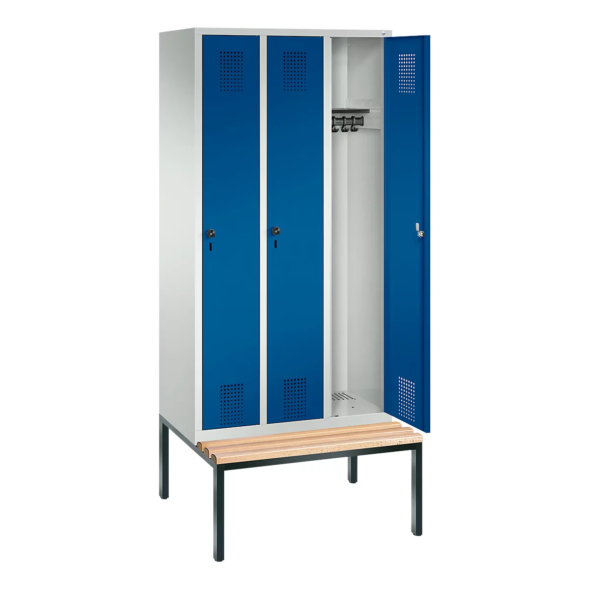 Vestiaire Evolo S 3000, acier, avec banc intégré, 3 compartiments, l. 300 mm chacun, serrure de sécurité à came batteuse, gris clair RAL 7035/bleu gentiane RAL 5010