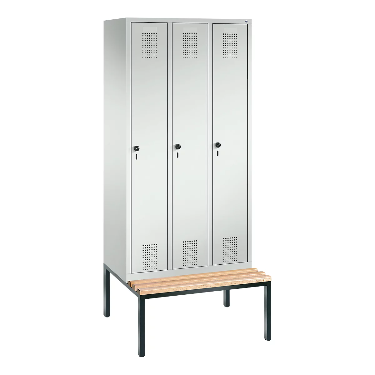 Vestiaire Evolo S 3000, acier, avec banc intégré, 3 compartiments, l. 300 mm chacun, serrure de sécurité à came batteuse, gris clair RAL 7035/gris clair RAL 7035