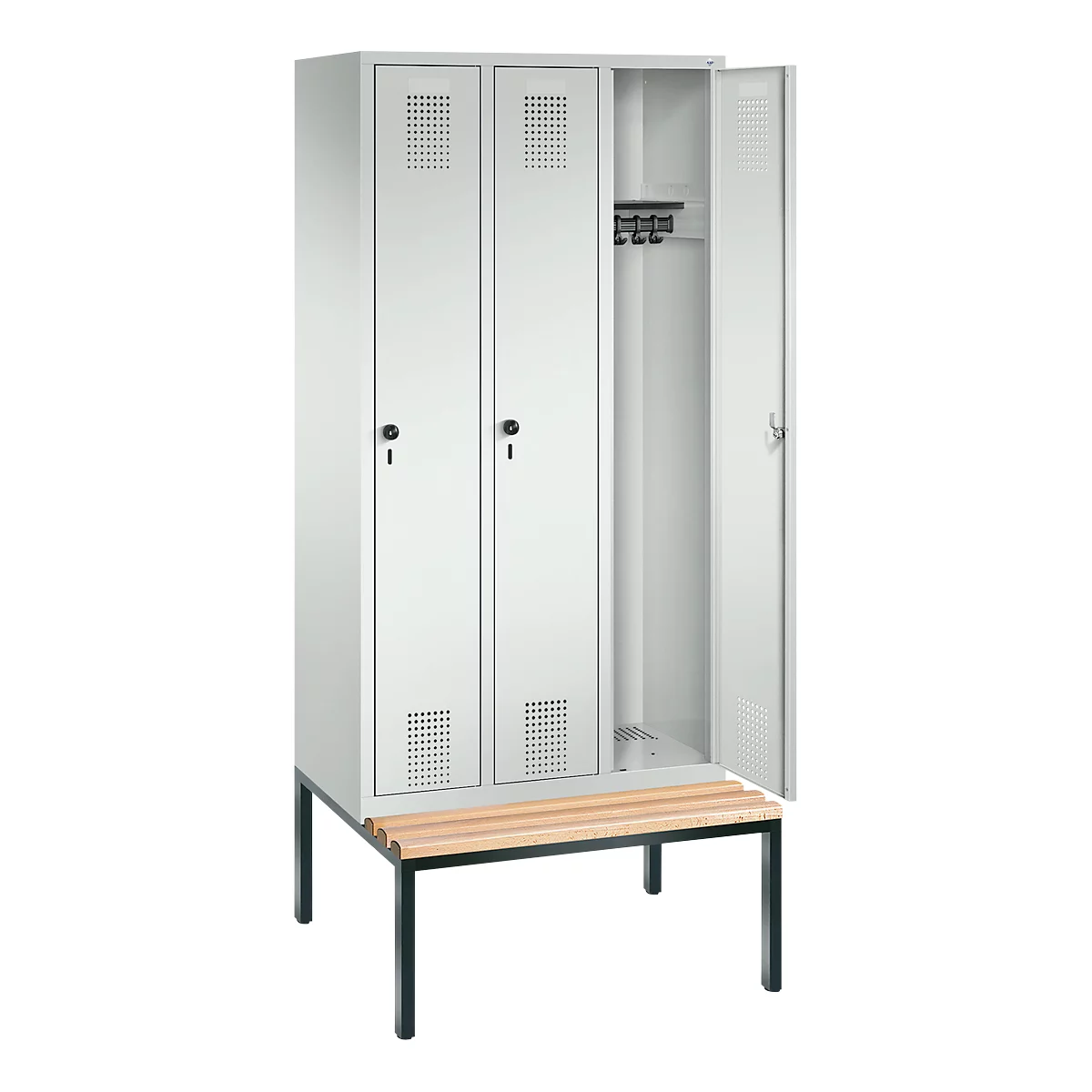 Vestiaire Evolo S 3000, acier, avec banc intégré, 3 compartiments, l. 300 mm chacun, serrure de sécurité à came batteuse, gris clair RAL 7035/gris clair RAL 7035