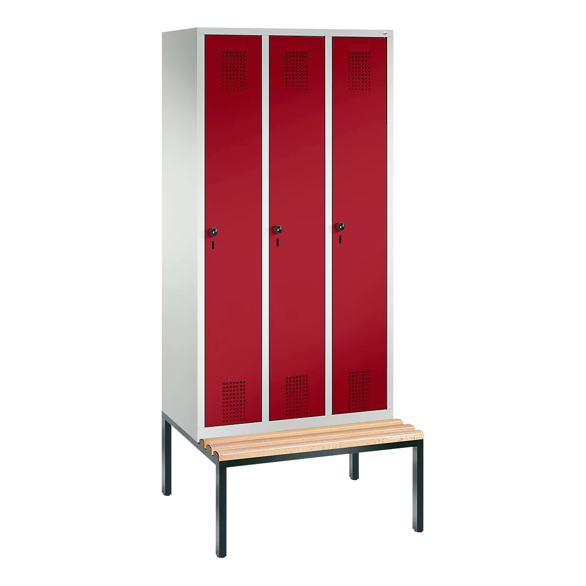 Vestiaire Evolo S 3000, acier, avec banc intégré, 3 compartiments, l. 300 mm chacun, serrure de sécurité à came batteuse, gris clair RAL 7035/rouge rubis RAL 3003