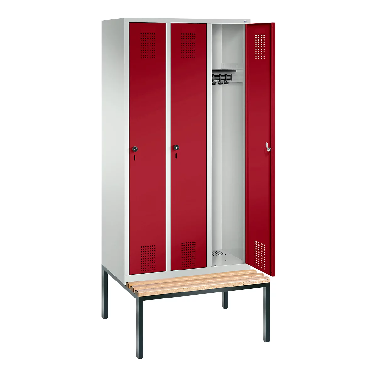 Vestiaire Evolo S 3000, acier, avec banc intégré, 3 compartiments, l. 300 mm chacun, serrure de sécurité à came batteuse, gris clair RAL 7035/rouge rubis RAL 3003