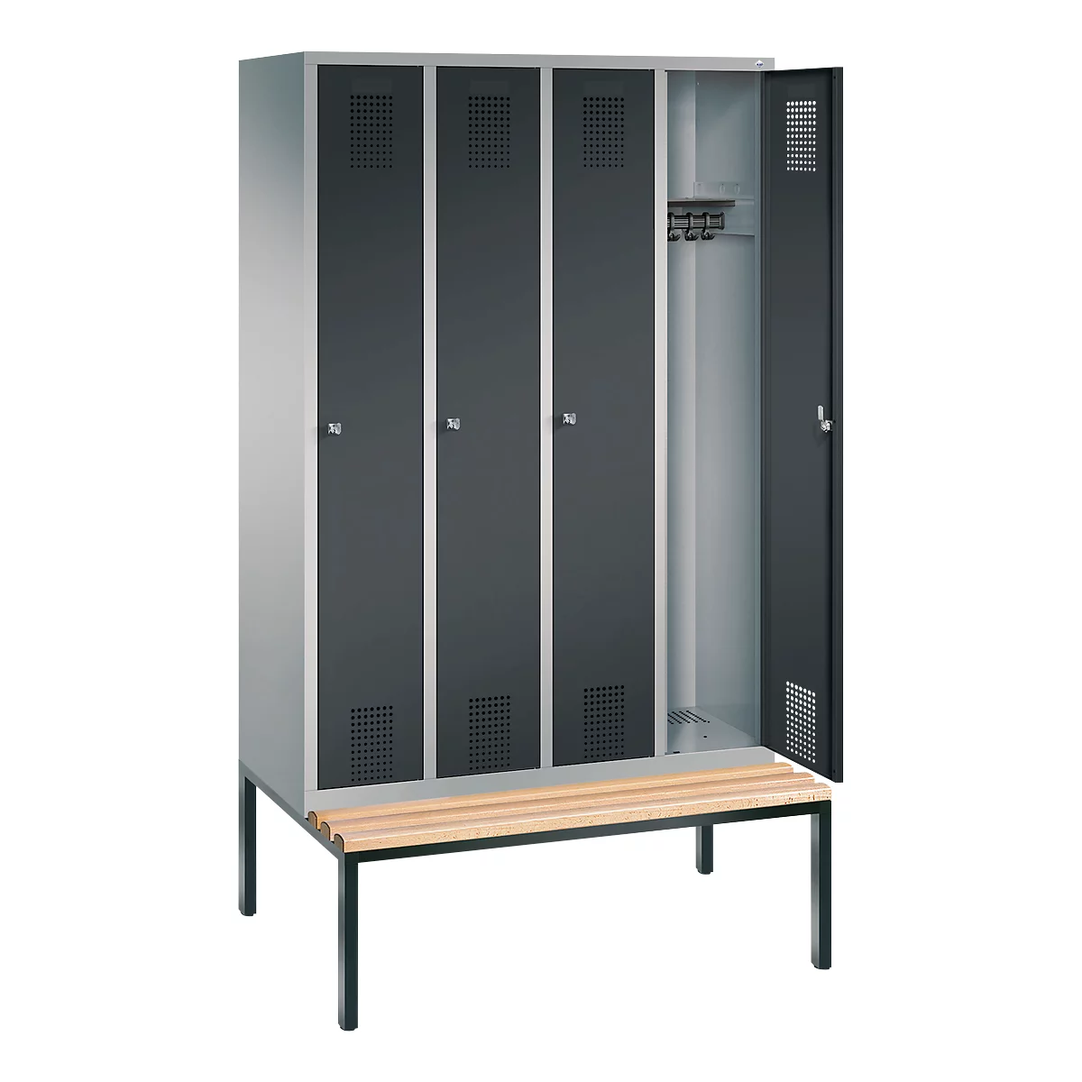 Vestiaire Evolo S 3000, acier, avec banc intégré, 4 compartiments, l. 300 mm chacun, serrure à cylindre, alu blanc RAL 9006/anthracite RAL 7016
