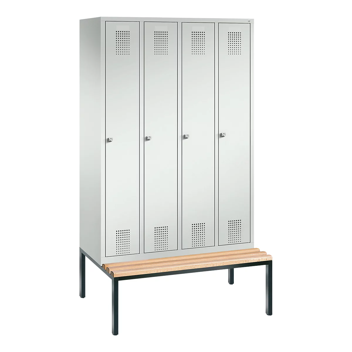 Vestiaire Evolo S 3000, acier, avec banc intégré, 4 compartiments, l. 300 mm chacun, serrure à cylindre, gris clair RAL 7035/gris clair RAL 7035