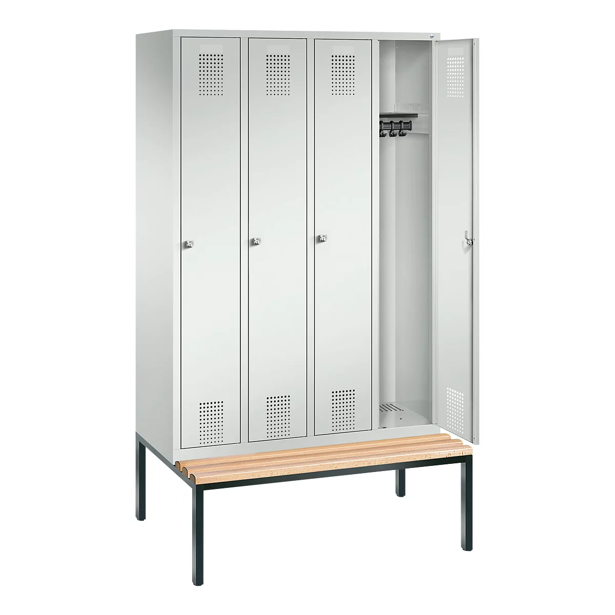 Vestiaire Evolo S 3000, acier, avec banc intégré, 4 compartiments, l. 300 mm chacun, serrure à cylindre, gris clair RAL 7035/gris clair RAL 7035