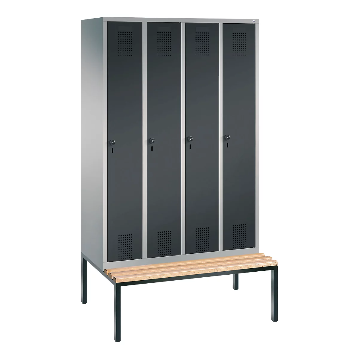 Vestiaire Evolo S 3000, acier, avec banc intégré, 4 compartiments, l. 300 mm chacun, serrure de sécurité à came batteuse, alu blanc RAL 9006/anthracite RAL 7016