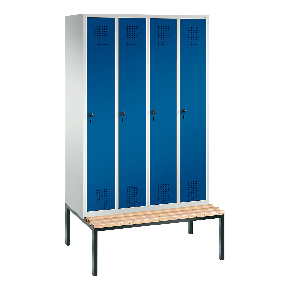 Vestiaire Evolo S 3000, acier, avec banc intégré, 4 compartiments, l. 300 mm chacun, serrure de sécurité à came batteuse, gris clair RAL 7035/bleu gentiane RAL 5010