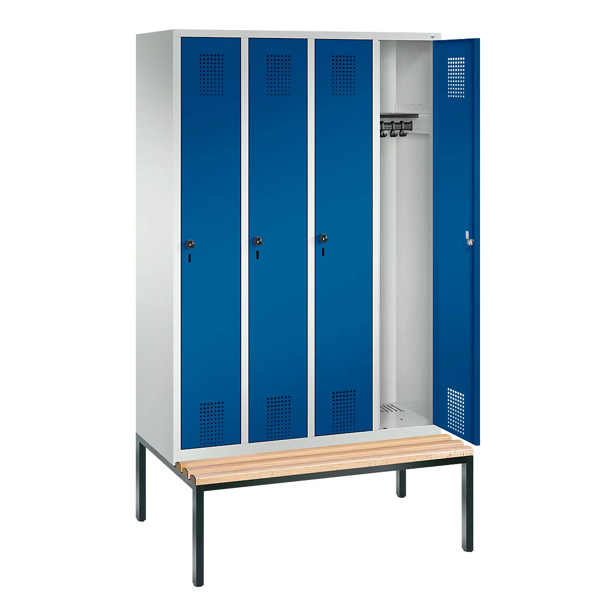 Vestiaire Evolo S 3000, acier, avec banc intégré, 4 compartiments, l. 300 mm chacun, serrure de sécurité à came batteuse, gris clair RAL 7035/bleu gentiane RAL 5010
