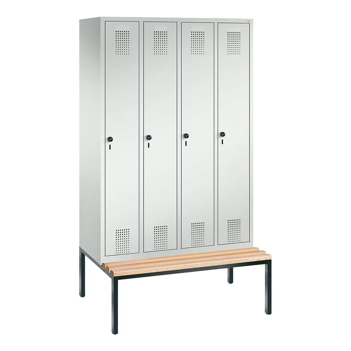 Vestiaire Evolo S 3000, acier, avec banc intégré, 4 compartiments, l. 300 mm chacun, serrure de sécurité à came batteuse, gris clair RAL 7035/gris clair RAL 7035